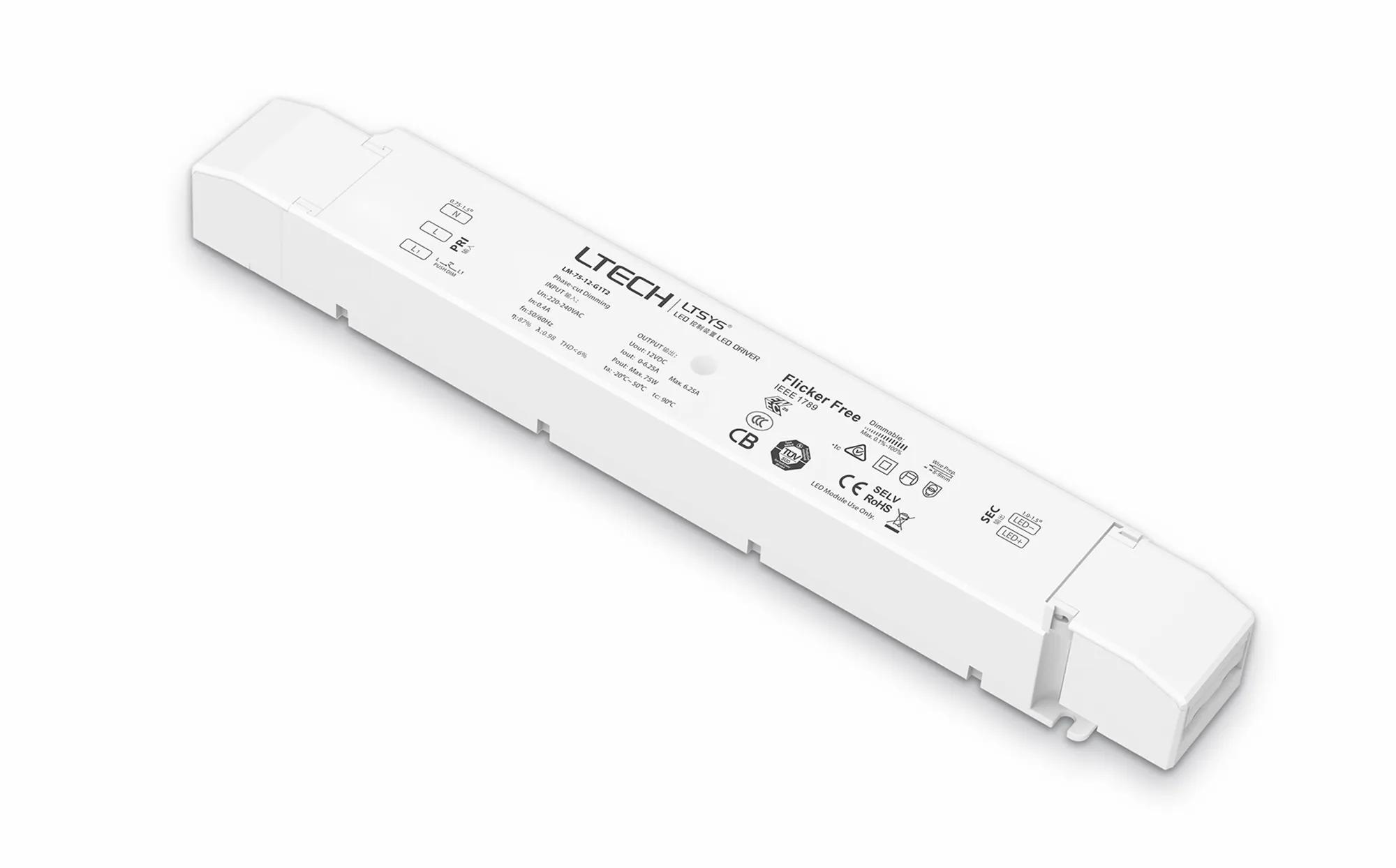LM-75-12-G1T2  Intelligent LED driver, Leading,Trailing edge, Phase-cut and Push DIM/CCT, 0-100% Dim,CV 75W, 12V DC 3.12A O/P, 200-240Vac I/P, IP20, 5yrs Warranty.